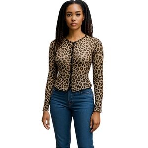 Vibe Sportswear Top Womens Size Small‎ Brown Leopard Sheer Button Up Cropped New